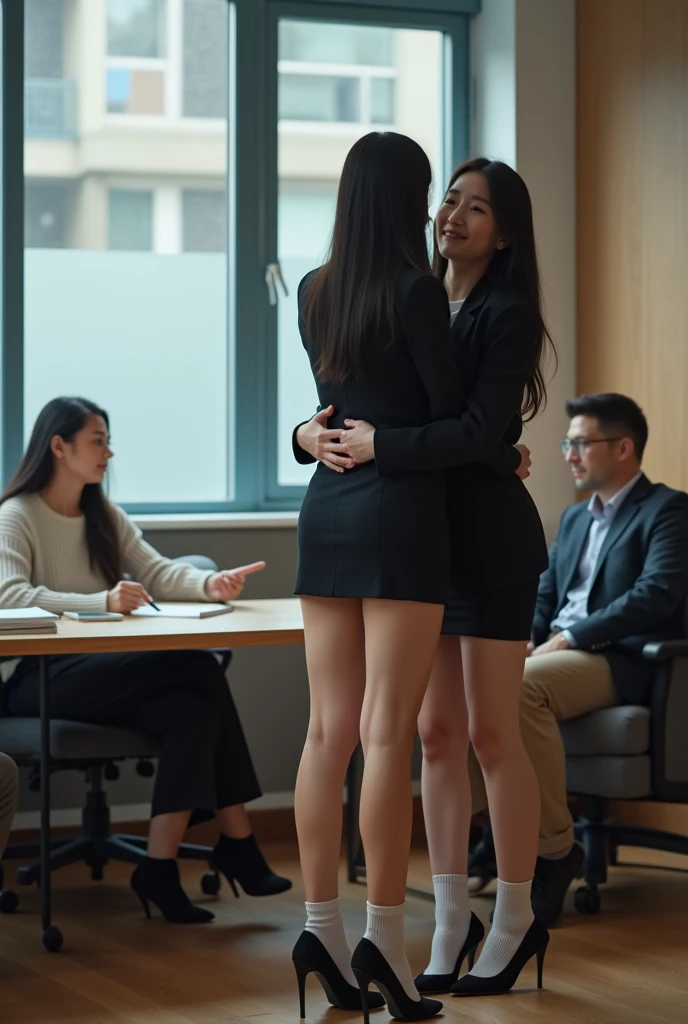 Female teacher peeing、Female teacher is in interview、A female teacher and an interviewer are having a meeting in a conference room、The female teacher pees when she stands up from the sofa with both hands on the desk.、Female teacher wears a black jacket、Female teacher wears a black miniskirt、Female teacher's pussy is fully visible、Image looking up at a female teacher from below、The female teacher's lower body is wet with urine、the sofa is wet with urine、Female teacher has a perfect body line、Female teacher has big breasts、The female teacher spreads her legs、The female teacher has long black hair.、The female teacher is wearing black high heels.、A large amount of pee like a waterfall、The female teacher has teary eyes and looks embarrassed, but she can't stop peeing.、A look of contempt from the interviewer、HD quality. Female student wearing a skirt and a crew neck sweater with wool socks sitting beside her, hugs her teacher