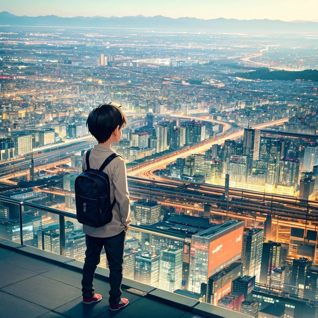 A boy standing in front of a Tokyo cityscape in a beautiful 2d anime style landscape