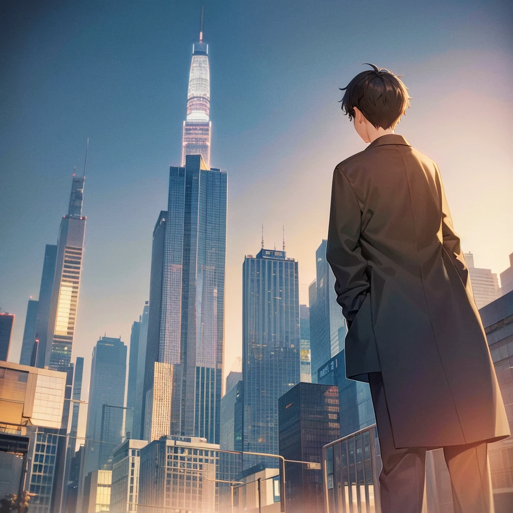 A boy standing in front of a Tokyo cityscape in a beautiful 2d anime style landscape