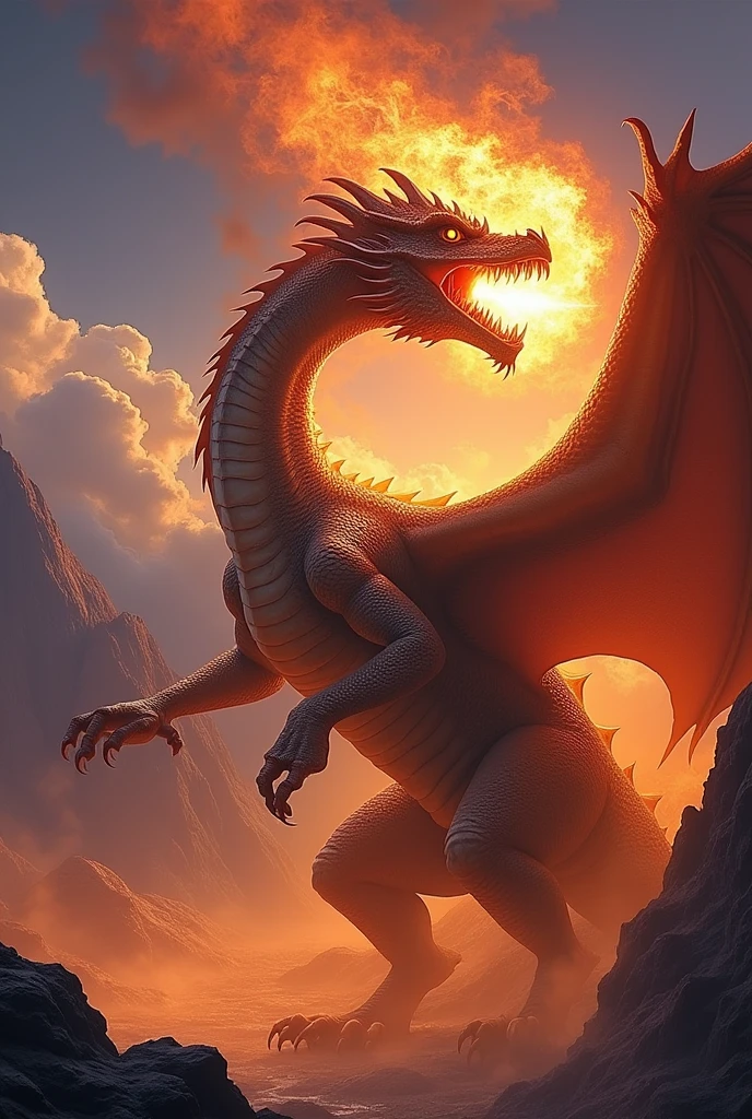 I need a dragon with its mouth open that looks real, I need him to be spitting a huge jet of flames coming out of his mouth
