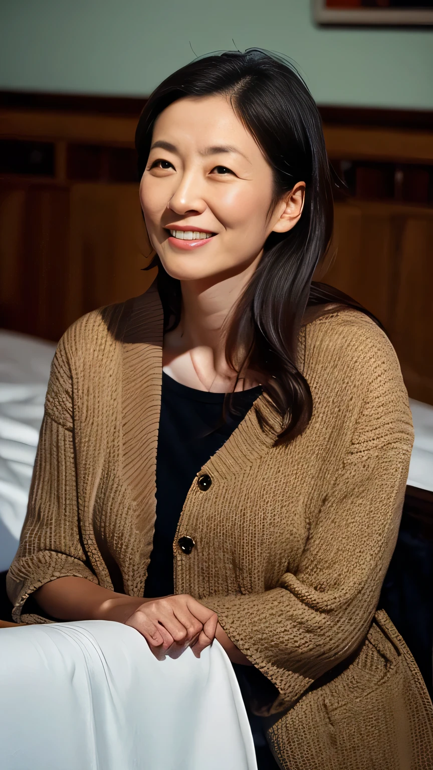 One mature woman,40 years old,{{{In-person audience}}},{Highest quality},{Ultra-high resolution},{PhotoRealistic},,Elegant black super long hair, Watching the audience、Browsing Caution,,Bust up shot,{{Sex}},smile, Madame lying in bed,{{throw}},{{Orgasm Facial}},{Realistic},{{{pubic hair}}},Small and beautiful breasts,Sweat,insert,