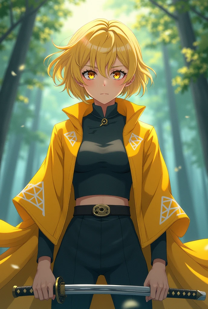 A woman with the anime style of Kimetsu no Yaiba, yellow and short hair, whith a demon slayer uniform But with a yellow haori with white triangles
