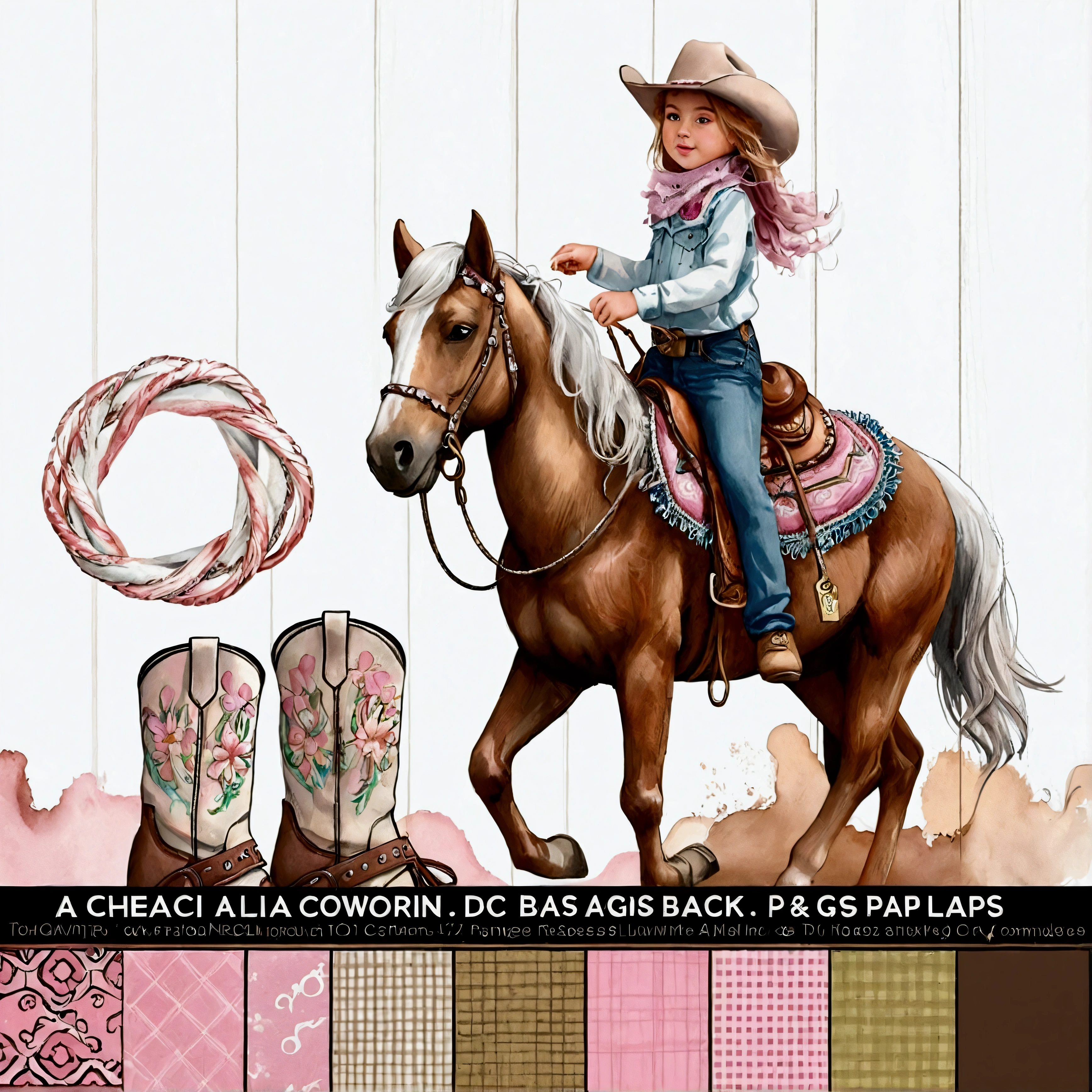 To create a child dressed in black cowgirl attire, with fringe clothes, medium hair, wavy and dark blond and hat, Ana Castela style, on top of a horse spinning a lasso