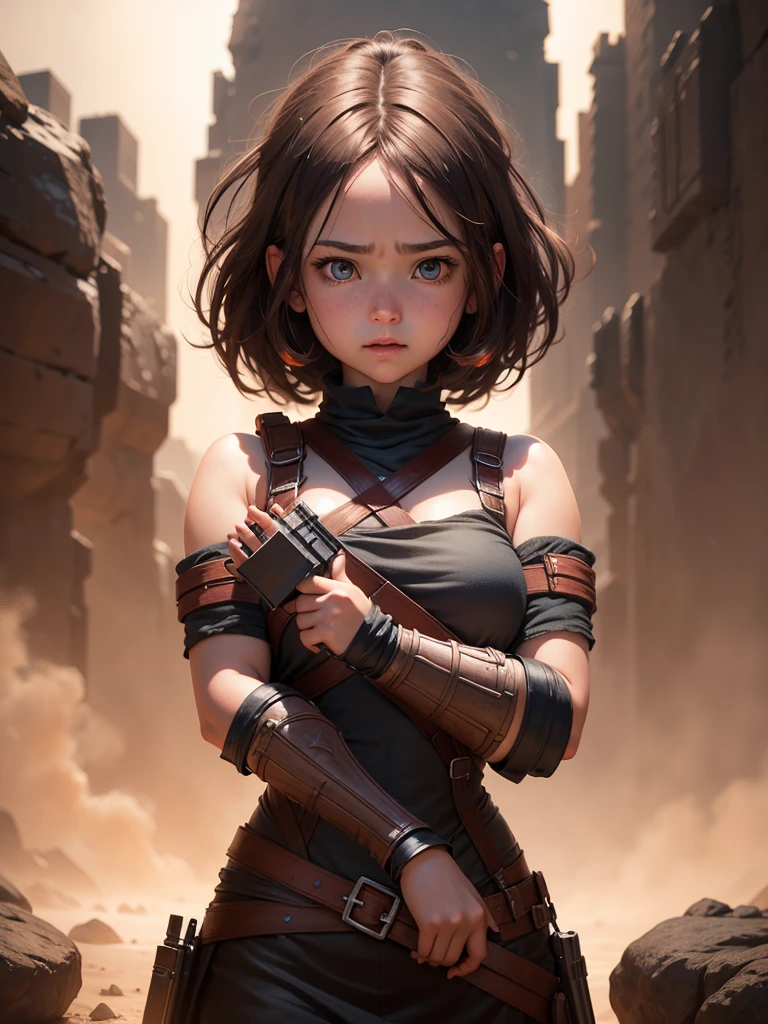 A girl with a giant weapon, Cute expression, , , Her face turns red,, Very wide shot, Realistic, 8k, Very detailed, Dramatic lighting, Warm color palette, Fantasy art style