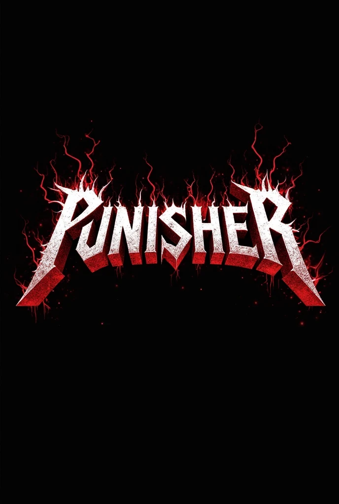 Create a logo for a thrash metal band called Punisher with a black background and red lettering.