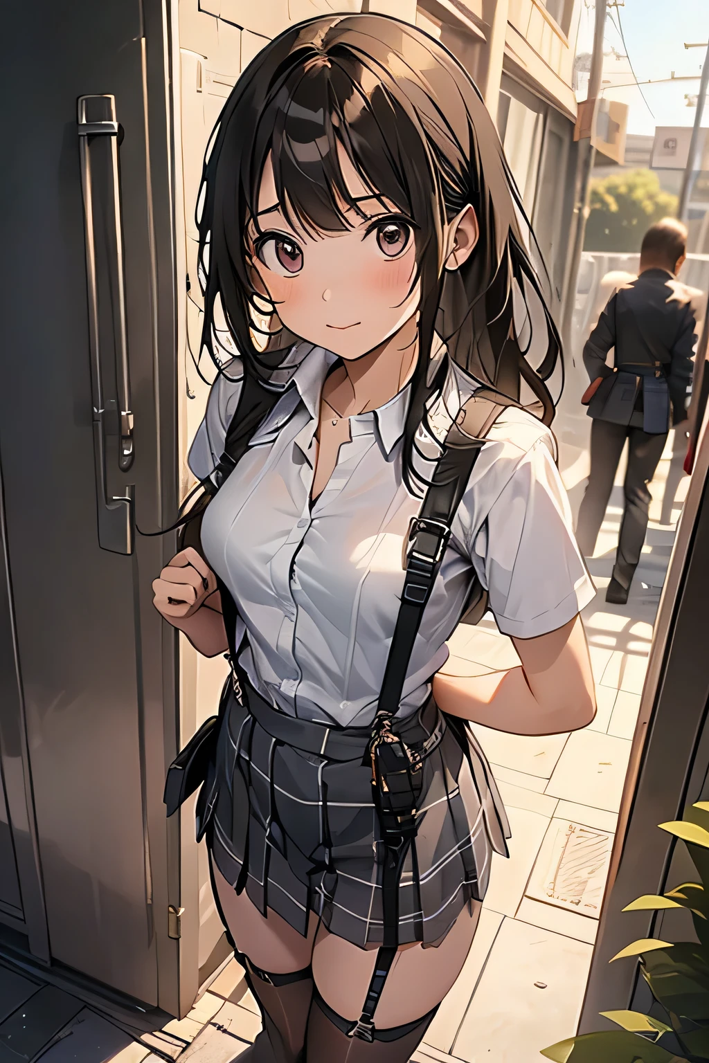 ((best quality)), ((masterpiece)), (details), one girl, sexy ((best quality)), ((masterpiece)), (details), one girl, sexy ((best quality)), ((masterpiece)), (details), one girl, full body, sexy expensive body, expensive, long legs, mature woman, mature, adult, it_nagatoro_main, Nagatoro Hayase, one girl, blushing, alone, uniform polo shirt, black hair, bag, brown eyes, hair accessory, looking at viewer, hair clip, outdoors, backpack, smiling, long hair, dark skinned woman, dark skin, , bangs, daytime, skirt, collared shirt, collarbone, ear clip, mouth closed, tree, asymmetrical bangs, upper body