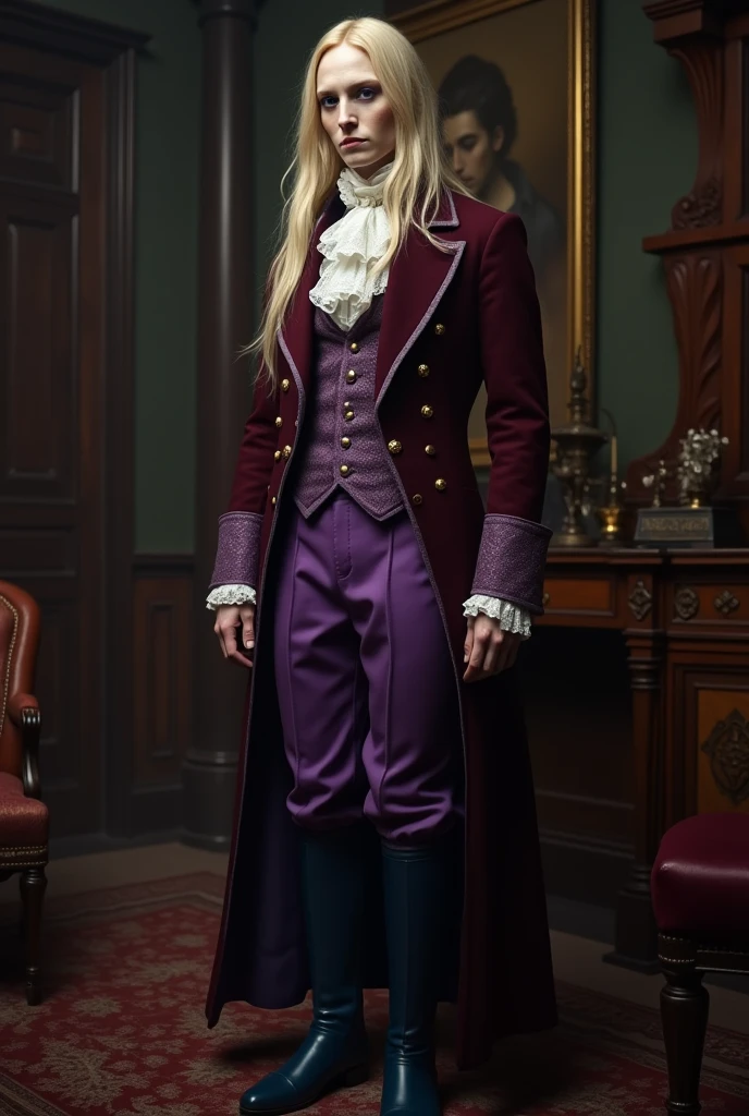 Pale and tall man, Appears to be 30-35 years old. It's been a long time (to the waist) With light blond hair with a golden tint, Thin gray-blue eyes with dark purple eyeshadow and noticeably high cheekbones. His clothes are in Victorian style, old, Long dark burgundy jacket with lavender lining and gold pins on the folded cuffs. Under his jacket he has a purple vest over a white ruffled shirt, Wearing classic purple trousers, In dark blue knee-high boots and gloves of the same color.