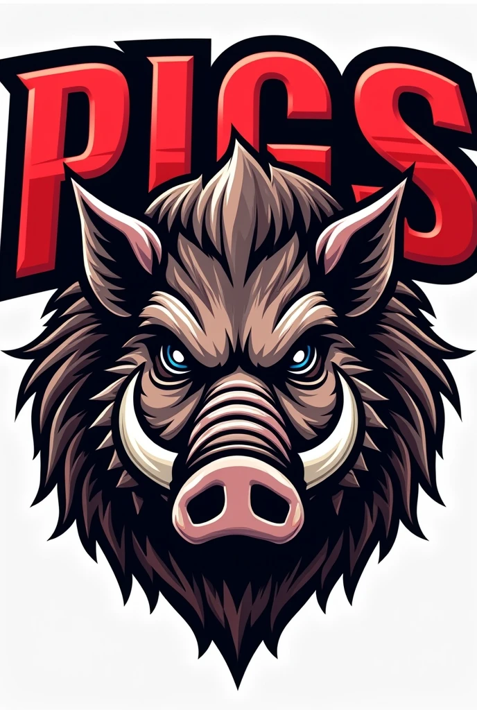 Logo for a team called pigs, which has an aggressive boar in the background with the name of pigs 