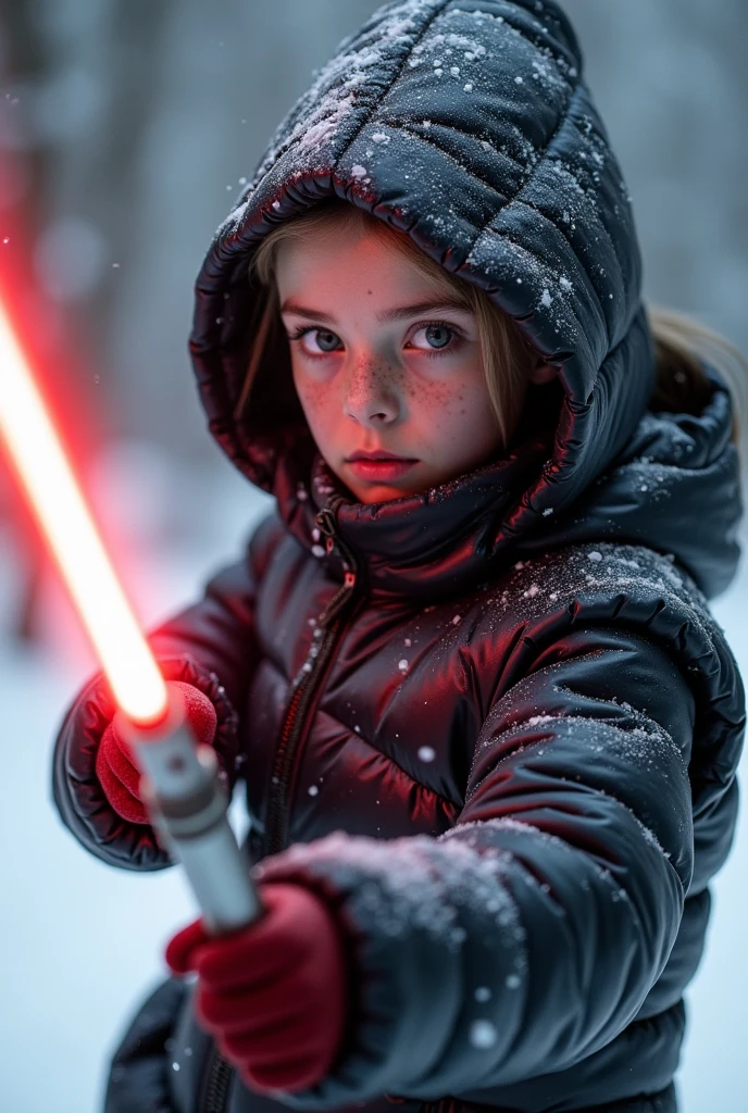 a slim ponytail 16 year old sith wielding her bright lightsaber fighting against a slim jedi in the snow,beautiful detailed eyes,beautiful freckles,beautiful detailed lips,extremely detailed eyes and face,longeyelashes, wearing beautiful detailed skintight airtight hood covering her head formfitting duvetica overfilled shiny super gleamy thick glossy puffervest covering over her padded high-collared pufferjacket, glossy latex leggings,symmetrical,masterpiece,cinematic,lifelike,hyperrealistic,8k,photorealistic,highly detailed,intricate,exquisite,elegant,beautiful,stunning