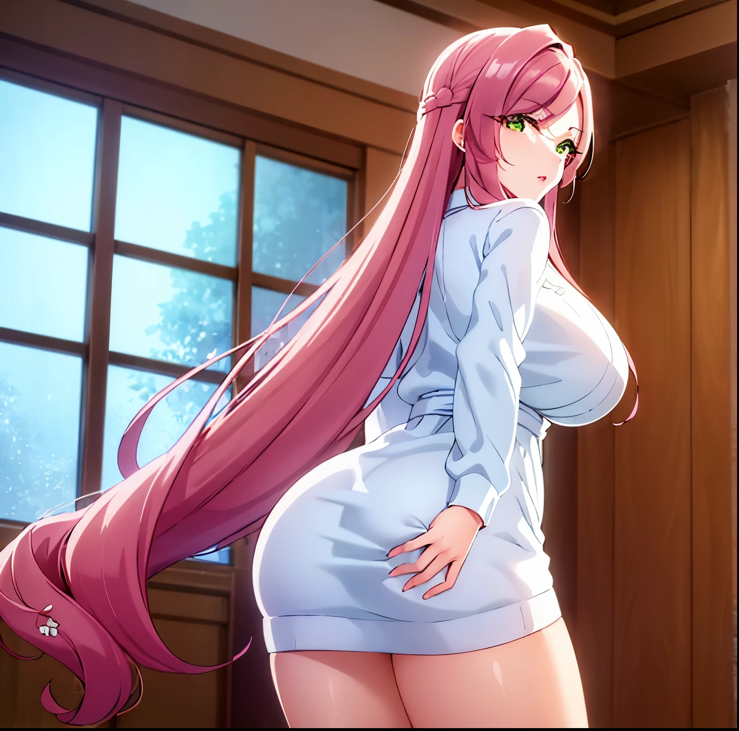 ((1girl)),((alone)), Hahari Hanazono,(masterpiece), (best quality), (ultra detailed), (best illustration), (best shadow), (absurdities), sharp focus, cowboy shot ,atmospheric perspective, depth of field, dynamic posture looking at the viewer, large breasts, narrow waist, wide hips, wide thighs, round butt, erotic, romantic, (very detailed eyes, lips 1.1), very detailed eyes, eyes, very face detailed, Very beautiful face, Symmetrical face, Aesthetic face, perfect face, perfect eyes, detailed eyelashes: 1.5), full height, beautiful slim figure, femininity, expressive appearance, elastic big breasts, sexuality,(green eyes: 1.2), hair pink, flower, hair flower, ribbed sweater, (white sweater dress: 1.5), bare arms, green eyes, bare legs ,curves, defined body,Perfect and beautiful body, perfect and beautiful, closed mouth, seductive grimace, blushing, (sexy pose: 1.2), ((solo)), standing: 1.3,((Japanese style house, mansion, interior, light reflection, bedroom, room, bed, window, cityscape, city lights, night)), looking back, from behind, ((focus on ass)), point of view :(from below), anatomy perfect, perfect hands