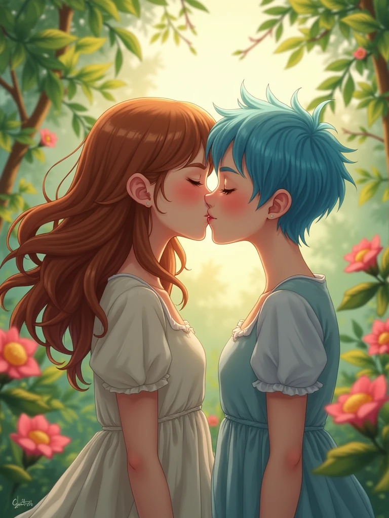 Two women are sitting and kissing in a flower garden with a fat orange cat next to them, the first woman has thick, shoulder-length black curly hair and dark skin and is wearing a white t-shirt and black baggy pants with red sneakers, The second woman is a redhead with shoulder-length hair and a backwards cap., her skin is white and she wears a dark blue t-shirt and black baggy pants and blue sneakers 