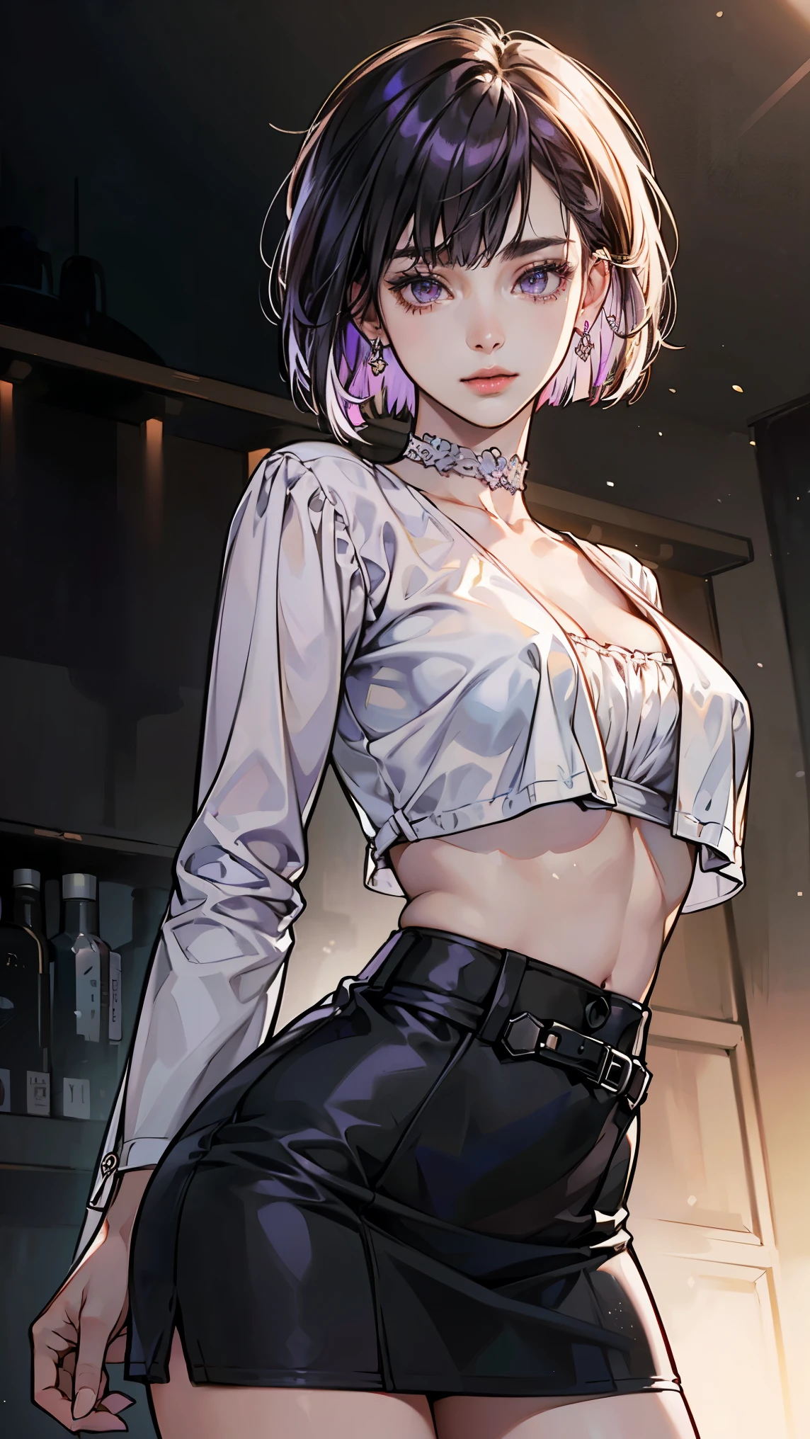 (((Masterpiece))), (((Best Quality))),Ultra High Resolution, Caustics, Detailed, (Beautiful Detailed Eyes),Perfect Anatomy, nsfw, (1 girl), intricate details, chromatic aberration), (realistic), (skin), ((breathe)), (purple multicolor hair, bob cut, dull bangs, hair cover one eye), fine hair, blue highlights, small earrings, clear eyes, purple eyes, choker, ((black crop top, thin material, mini skirt)), open waist, (symmetrical eyes), (perfect symmetrical body), night, (((Natural light))), Backlight, dim lighting ,look at the audience, (((center shot, From before, face and waist))), (big breasts), cleavage, long thin material sleeves, ponytail with two wisps front, sexy cloth