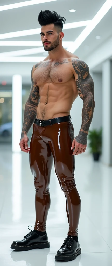 Fullbody standing picture of white skin Handsome muscular nude horny sexy gay man wearing skinny tight shiny brown ripped latex tights, shiny black Disconnected Pompadour oiled hair style, blue eyes, shiny varnished vinyl black shoes, black belt, red lip, chain, tattoos, horny, cum shot, sperm, milking penis, very big penis, very big testicle, shiny oiled skin, orgasm, oversexed, masturbation, standing at white lighting show room.
