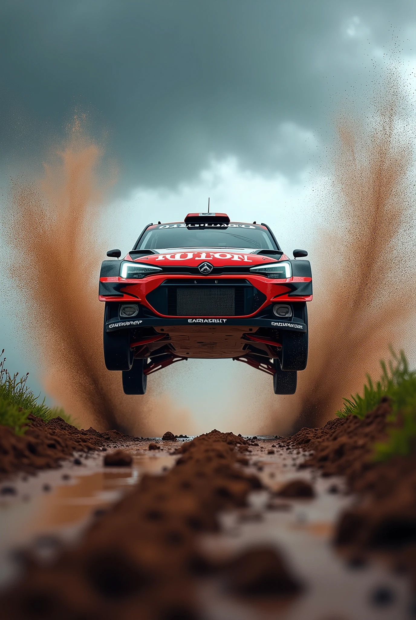 Capture an award-winning, ultra-realistic photograph of a rally car mid-jump on a dirt track during a rainstorm, viewed from a ground-hugging, extremely low angle with a dynamic Dutch tilt. The car is airborne, with its aggressive front grille and headlights dominating the frame as it leaps off the muddy track. Water droplets and muddy splashes fly in every direction, captured in exquisite detail as they arc through the air. The ground-hugging perspective emphasizes the car’s height and power, making the viewer feel as though they are right on the track, witnessing the action up close. The rain pours down, adding a dramatic, gritty atmosphere to the scene, with every drop and splash rendered in ultra-high definition. The Dutch angle intensifies the sense of motion and energy, highlighting the raw power and precision of the rally car as it soars over the track, leaving a trail of dirt and water in its wake. The overall composition should convey the thrill and intensity of rally racing, capturing the car in a moment of peak action against the rugged, rain-soaked backdrop.