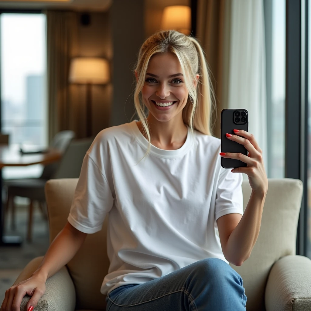 Blonde bombshell , ponytail hair, wearing a large white tshirt, sitting on an office in a hotel room and taking a closeup selfie with iphone in front of the mirror