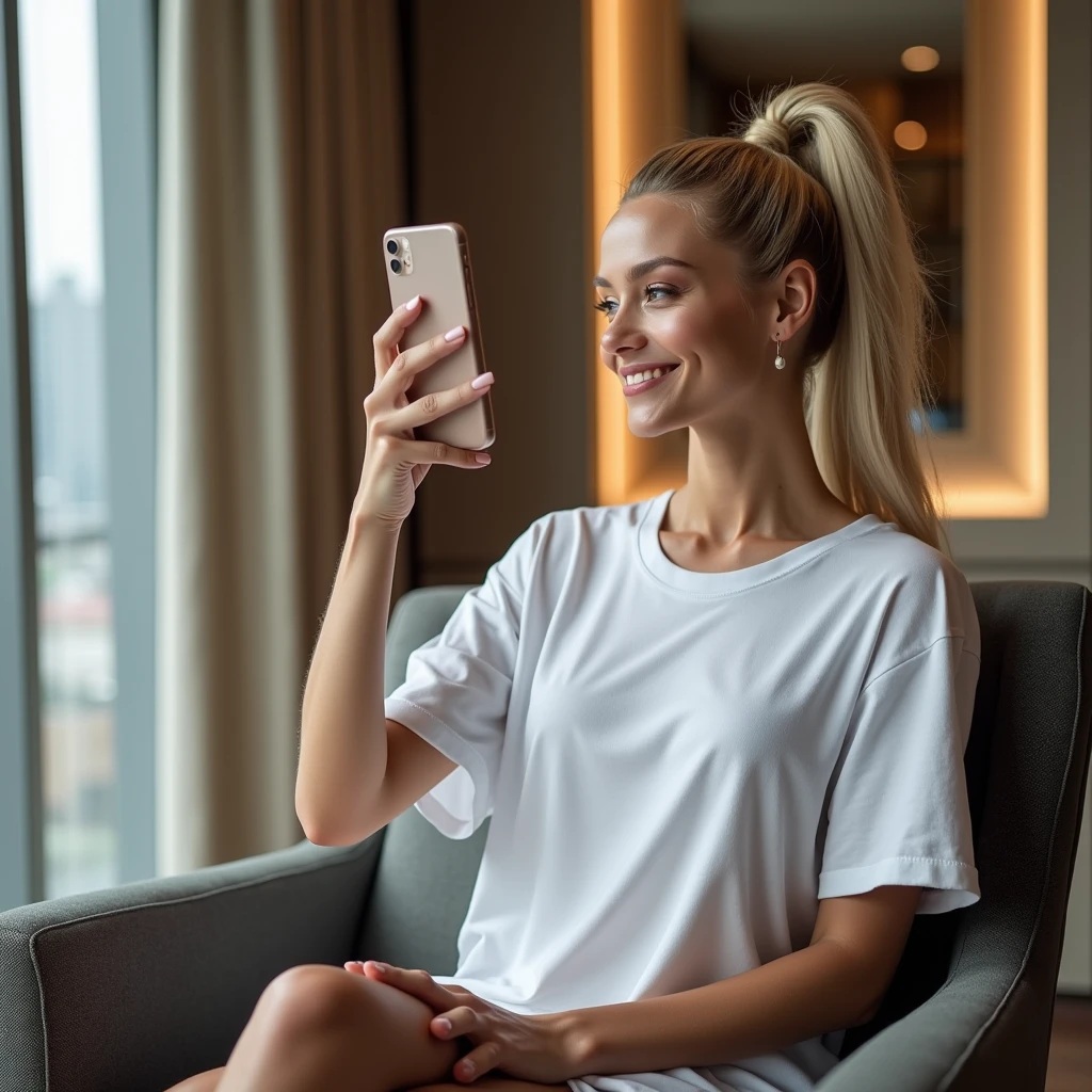 Blonde bombshell , ponytail hair, wearing a large white tshirt, sitting on an office in a hotel room and taking a closeup selfie with iphone in front of the mirror