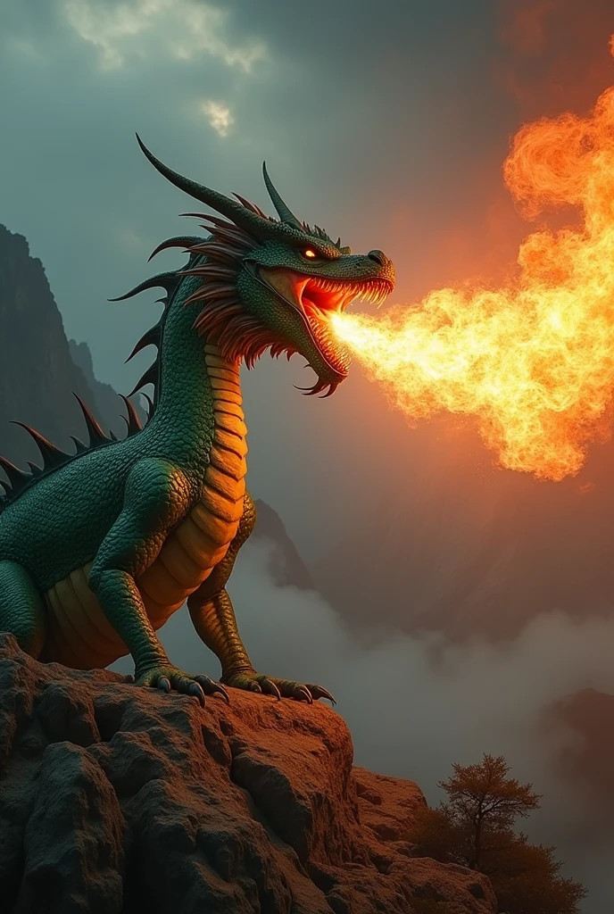 I need a dragon with its mouth open that looks real, I need him to be spitting a huge jet of flames coming out of his mouth