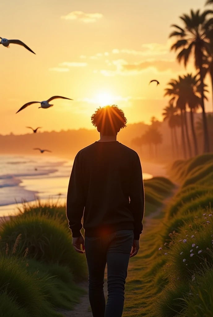 A Venezuelan teenager walking along a green path towards the sunrise, wearing a black sweater and with smoke-colored hair, painted on a beach. The teenager is 18 years old.