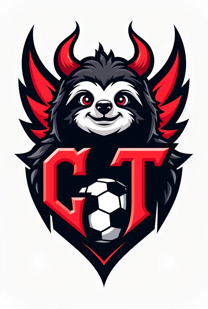Create a logo for a soccer team with the letters CT and colors red, black and white, a sloth and devil horns