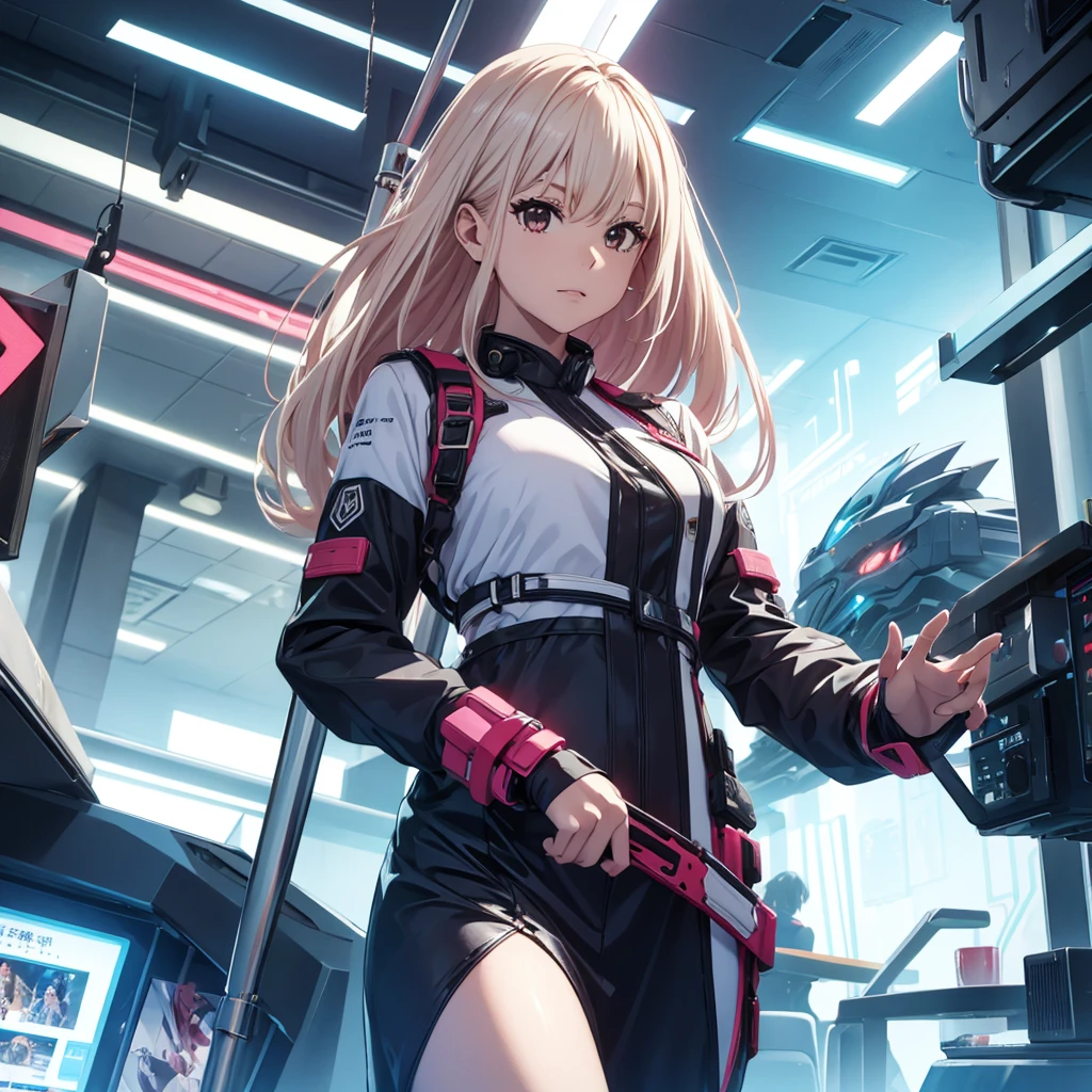 Make the character Chisato in a futuristic outfit in a social and luxurious setting..