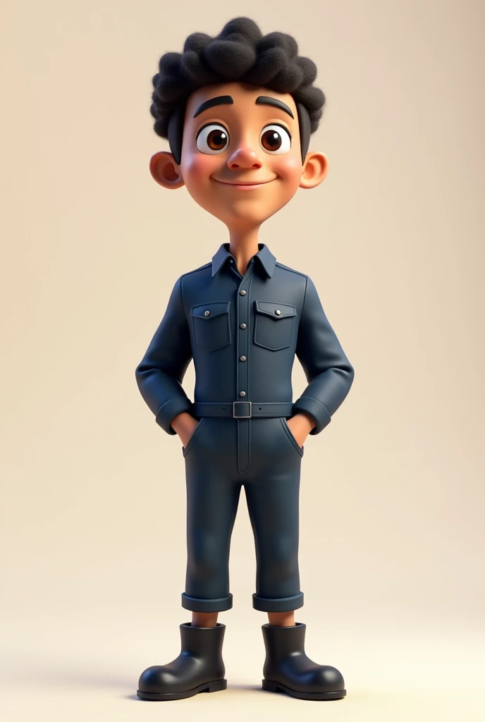 Create a 3D mascot with an adult face without a beard, male, light brown, thin with a thin face and a thin chin, with brown eyes, in a dark blue uniform with dark blue pants, without a logo, without details, with black boots. , and also with curly hair , muito curto , very hairy and bald with a thin nose , continue creating the same character but a little taller and in different poses, but I just want a mascot