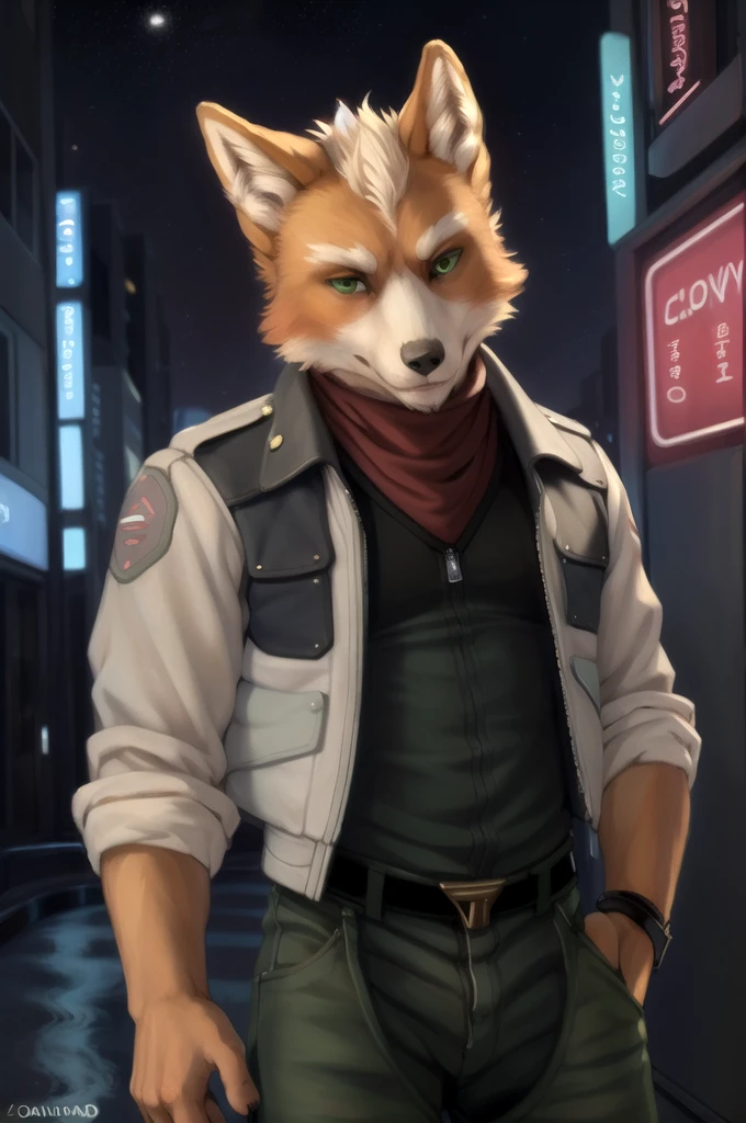 (by oouna, by honovy, by personalami, by clockhands) male, fox, solo, wearing jacket, green eyes, fox mccloud, wearing jacket, pants, scarf, fancy, black shirt, night, city, tokyo, street, akihabara, neon lights