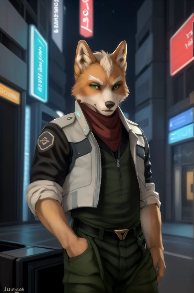 (by oouna, by honovy, by personalami, by clockhands) male, fox, solo, wearing jacket, green eyes, fox mccloud, wearing jacket, pants, scarf, fancy, black shirt, night, city, tokyo, street, akihabara, neon lights