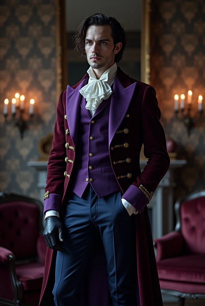 Pale and tall man, Appears to be 30-35 years old. It's been a long time (to the waist) With light blond hair with a golden tint, Thin gray-blue eyes with dark purple eyeshadow and noticeably high cheekbones. His clothes are in Victorian style, old, Long dark burgundy jacket with lavender lining and gold pins on the folded cuffs. Under his jacket he has a purple vest over a white ruffled shirt, Wearing classic purple trousers, In dark blue knee-high boots and gloves of the same color.