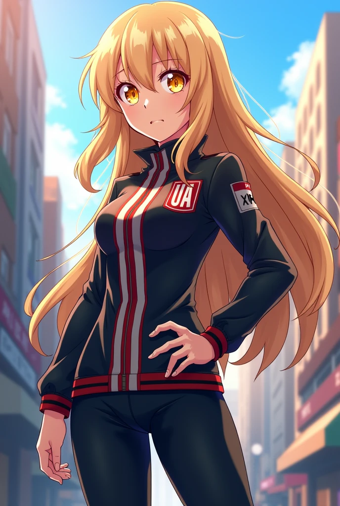 blonde girl,Honey eyes,Long hair,with the UA uniform of bnha