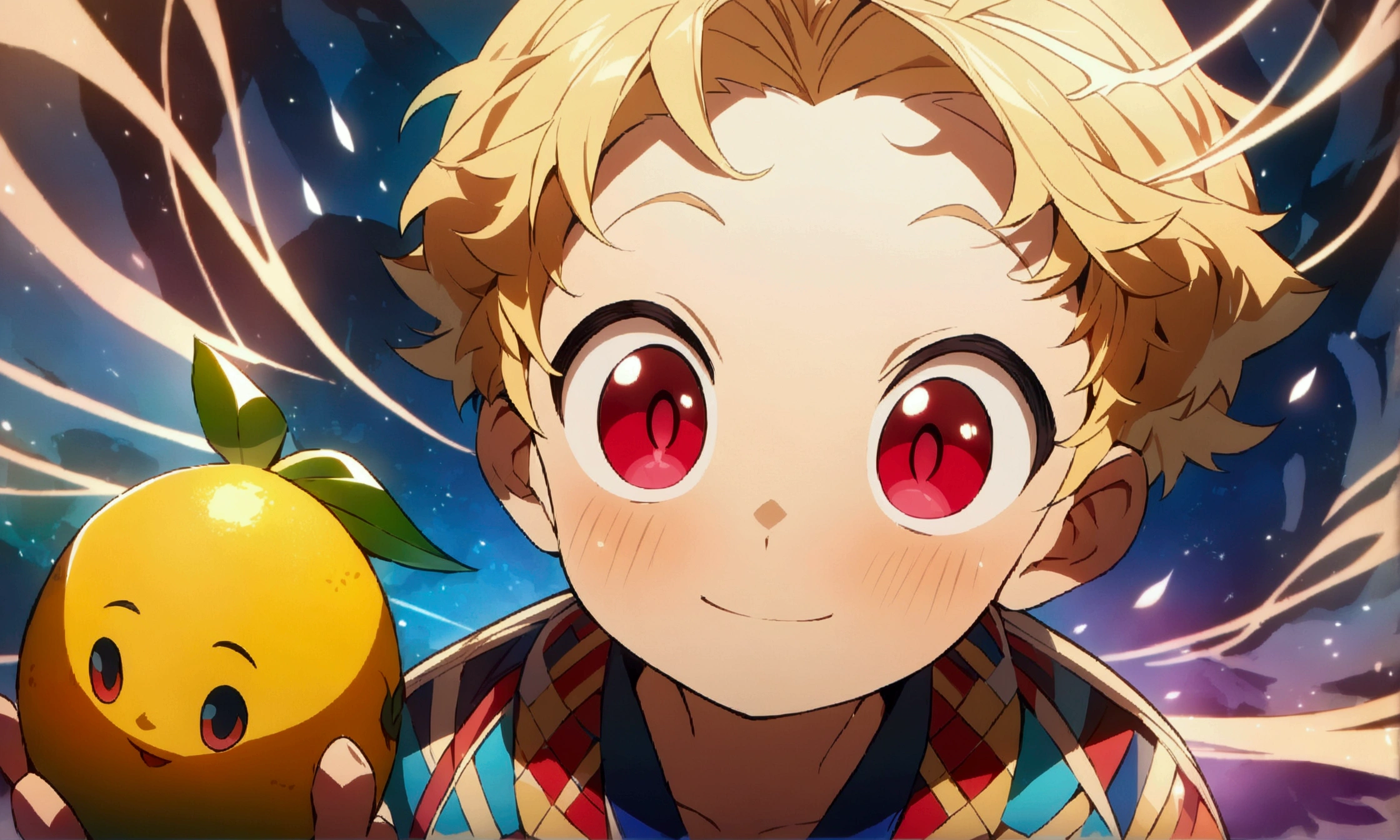 Small Boy, Blonde Hair, Red Eyes, Happy Expression on Face, Holding a Mango, Colorful Clothes, ((Intricate anime character design inspired by Ousama Ranking)), ((Stunning lighting)), ((Thin lines)), ((Stunning Focus)), ((Stunning Face)), ((Detailed Focus)), ((Detailed Background)), ((Ultra-thin 2D Design)), ((Creativity-filled Background)), ((Masterpiece 2D)), ((Best quality)), ((8K)), ((Anime style))