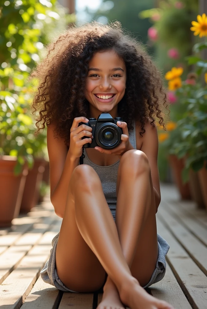 A brunette girl with curly hair and big breasts sits with her legs stretched out, taking a realistic photo