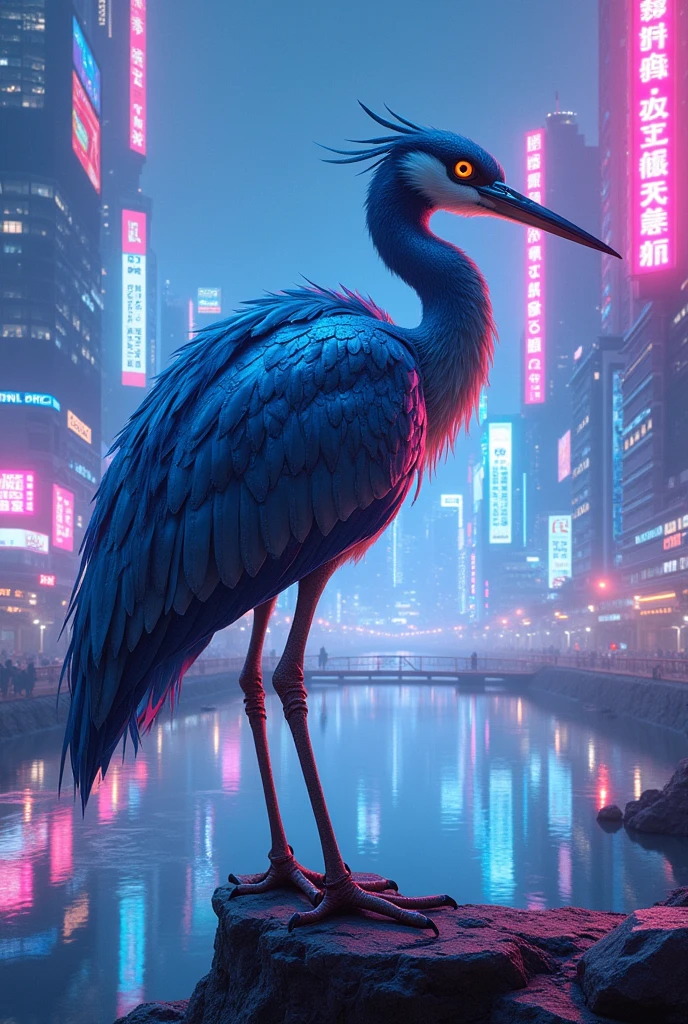 Heron in MegaMan x style, 4K, fully body, metal feathers on the arms, fund, lake in a futuristic cyberpunk city, cyberpunk.