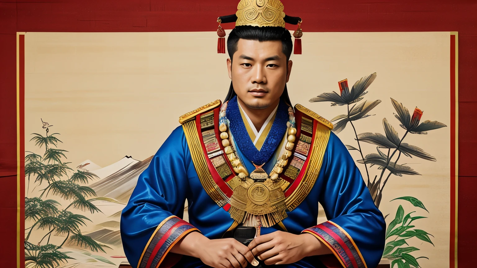 A striking portrait of Yu, The large, (((Adorned in ceremonial attire))), surrounded by cultural symbols like books, irrigation tools and flags, showing his lasting influence on [Chinese culture]. Rendered in a traditional Chinese painting style, with intricate brushstrokes and vibrant colors.
