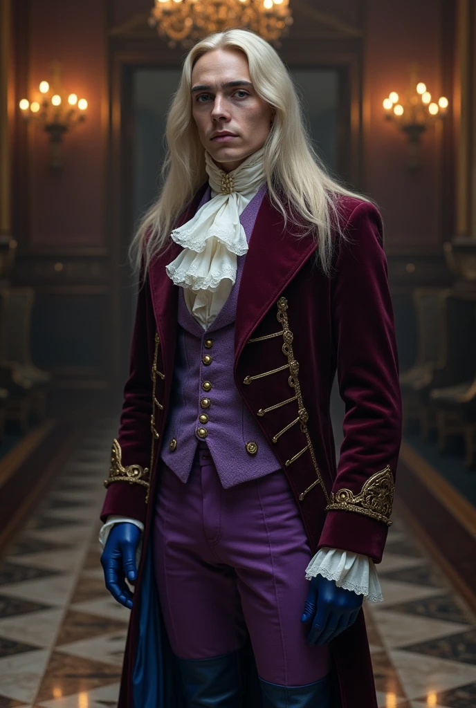 Pale and tall man, Appears to be 30-35 years old. It's been a long time (to the waist) With light blond hair with a golden tint, Thin gray-blue eyes with dark purple eyeshadow and noticeably high cheekbones. His clothes are in Victorian style, old, Long dark burgundy jacket with lavender lining and gold pins on the folded cuffs. Under his jacket he has a purple vest over a white ruffled shirt, Wearing classic purple trousers, In dark blue knee-high boots and gloves of the same color.

