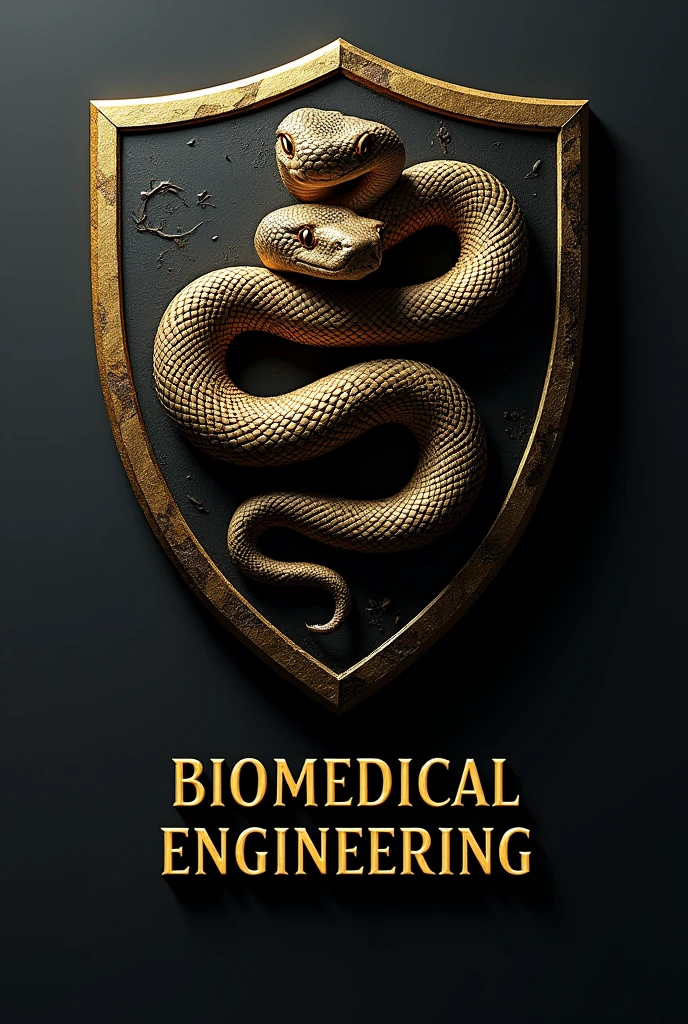 You can create a drawing of a shield-like logo in gold and black with a boa constrictor in the center, and at the bottom, it says 'Biomedical Engineering'.