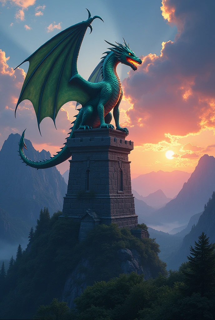 At the top of this tower there is a large dragon, curled up high, its wings open and breathing fire.