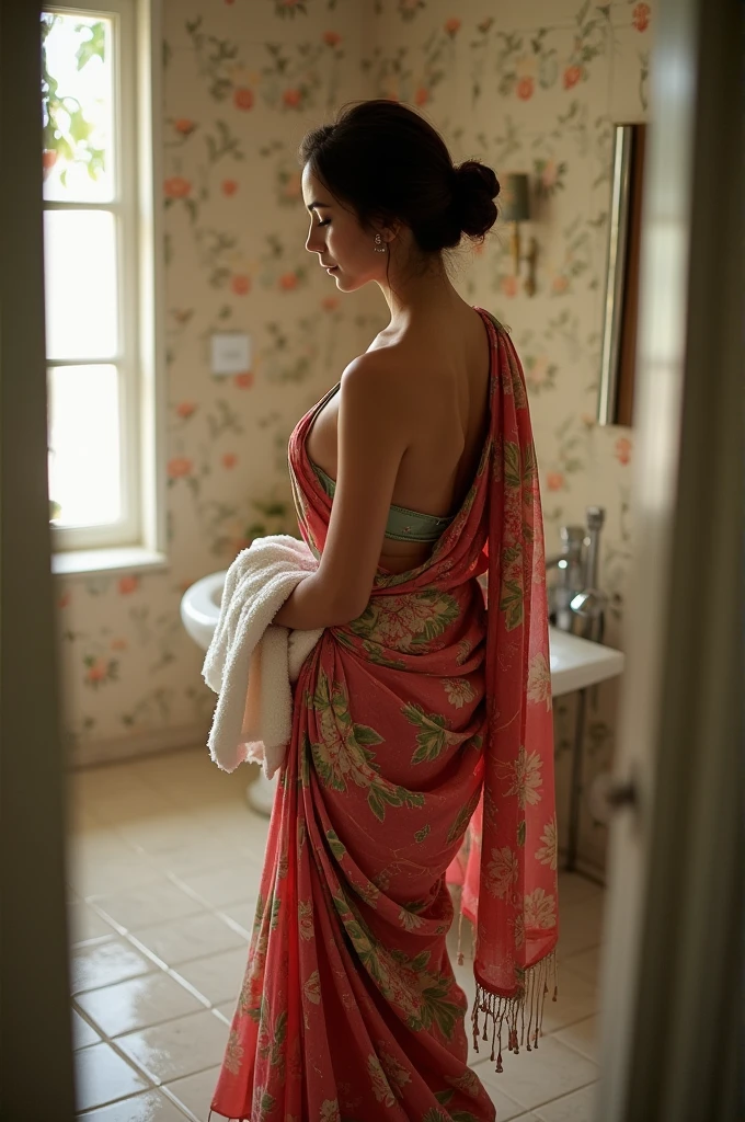 A women wearing a saree enters bathroom and removing the saree and wear a bathtowel