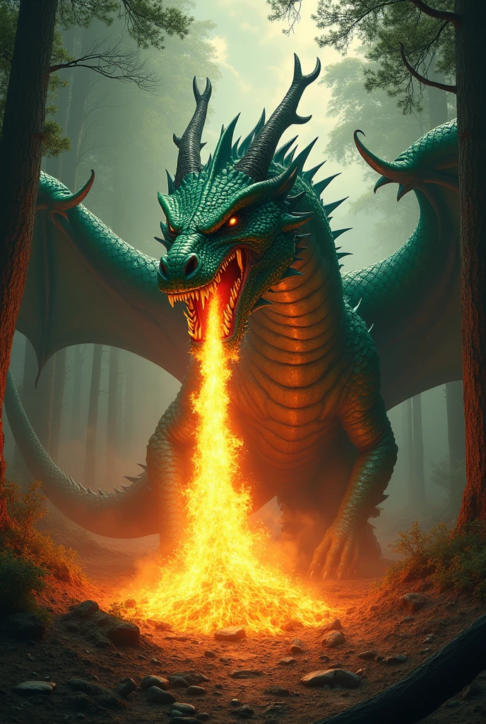I need a dragon with its mouth open that looks real, I need him to be spitting a huge jet of flames coming out of his mouth