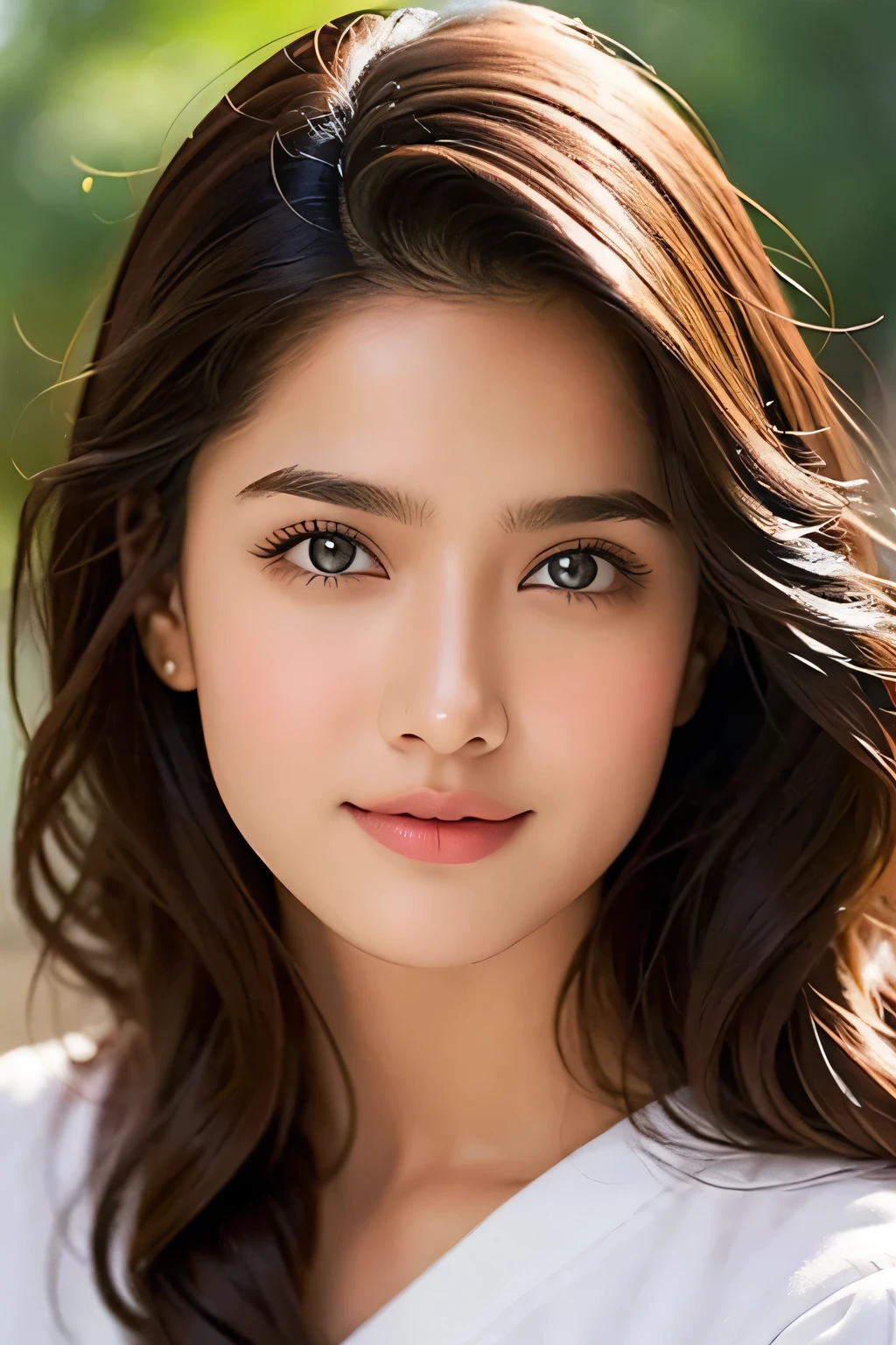 A stunning  Indian girl, 18 years old, poses waist-up in an ultra-realistic digital art piece by Razumov and Volegov. She gazes off-camera with a soft, natural light illuminating her rosy cheeks and v-shaped face. Her smooth skin is adorned with long, ginger hair styled in a bang, framing her detailed features. The focus is on her fantastic face, showcasing her bright smile and sparkling eyes. The background is a subtle watercolor blend, reminiscent of Cameron Gray's art style. The image is rendered at 8k resolution, blending the boundaries between digital and traditional mediums.