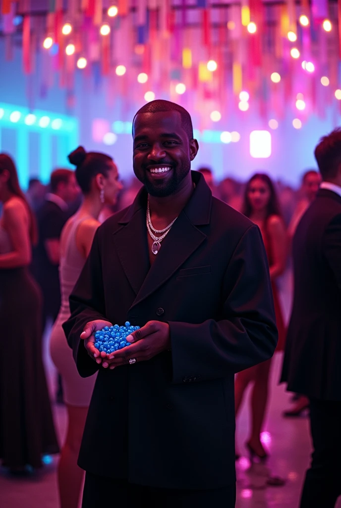 Create Kanye West at a party taking blue candies