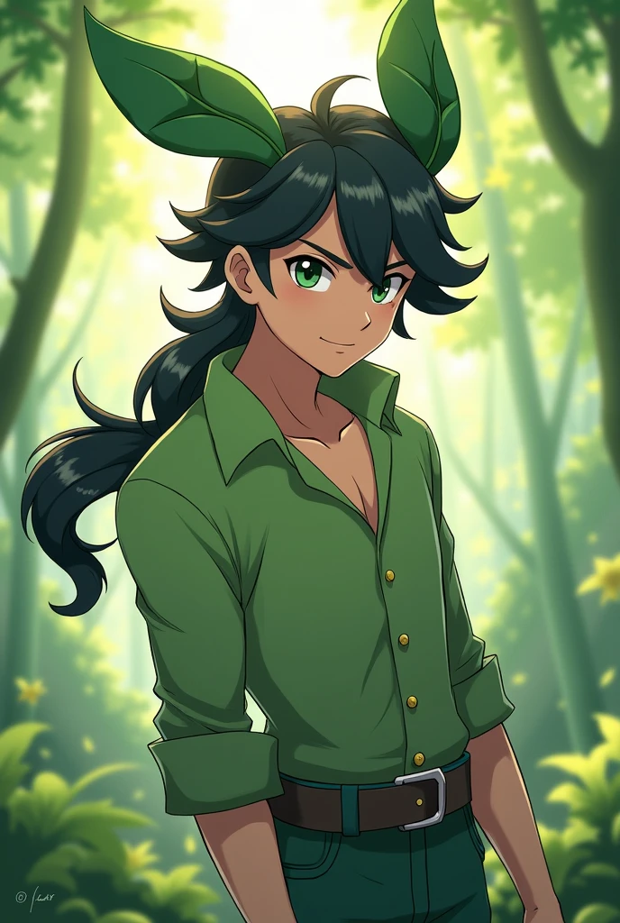 Leafeon human version. Attractive man, black hair, young and good body. gay