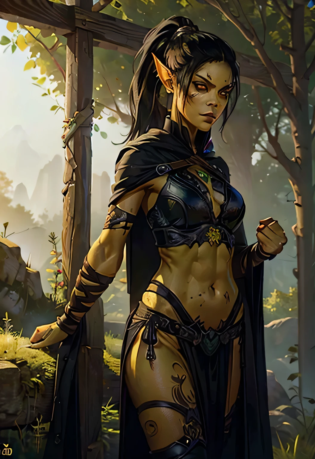 1girl, sexy githyanki, (green skin:1.22), black hair in a ponytail, orange eyes, pointy ears, navel, midriff, skimpy dressed, thong underwear, black hooded cloak, black cape, black underwear, black belt, brown pouch, big breasts , athletic, holding a shortbow in her right hand , in the forest, highly detailed face and eyes, sunlight, symetrical face, fix weird eyes, midday, best quality, masterpiece, realistic, anatomically correct, stunning details, intricate details, 8k post-production, high resolution, super details, sharp focus, depth of field f/1.8, studio photos