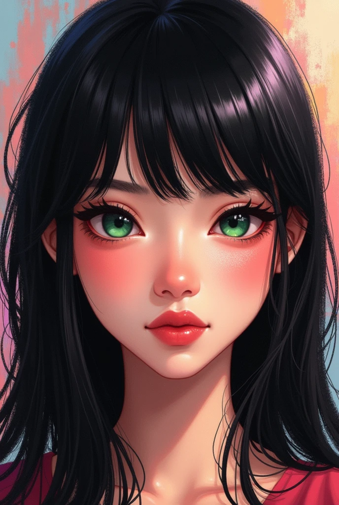 A photo of a girl in her 20s with straight black hair and a , ruby green eyes, with a perfect nose, parts, long eyelashes and garnet lips, and make the photo look like it was made in ibis paint x