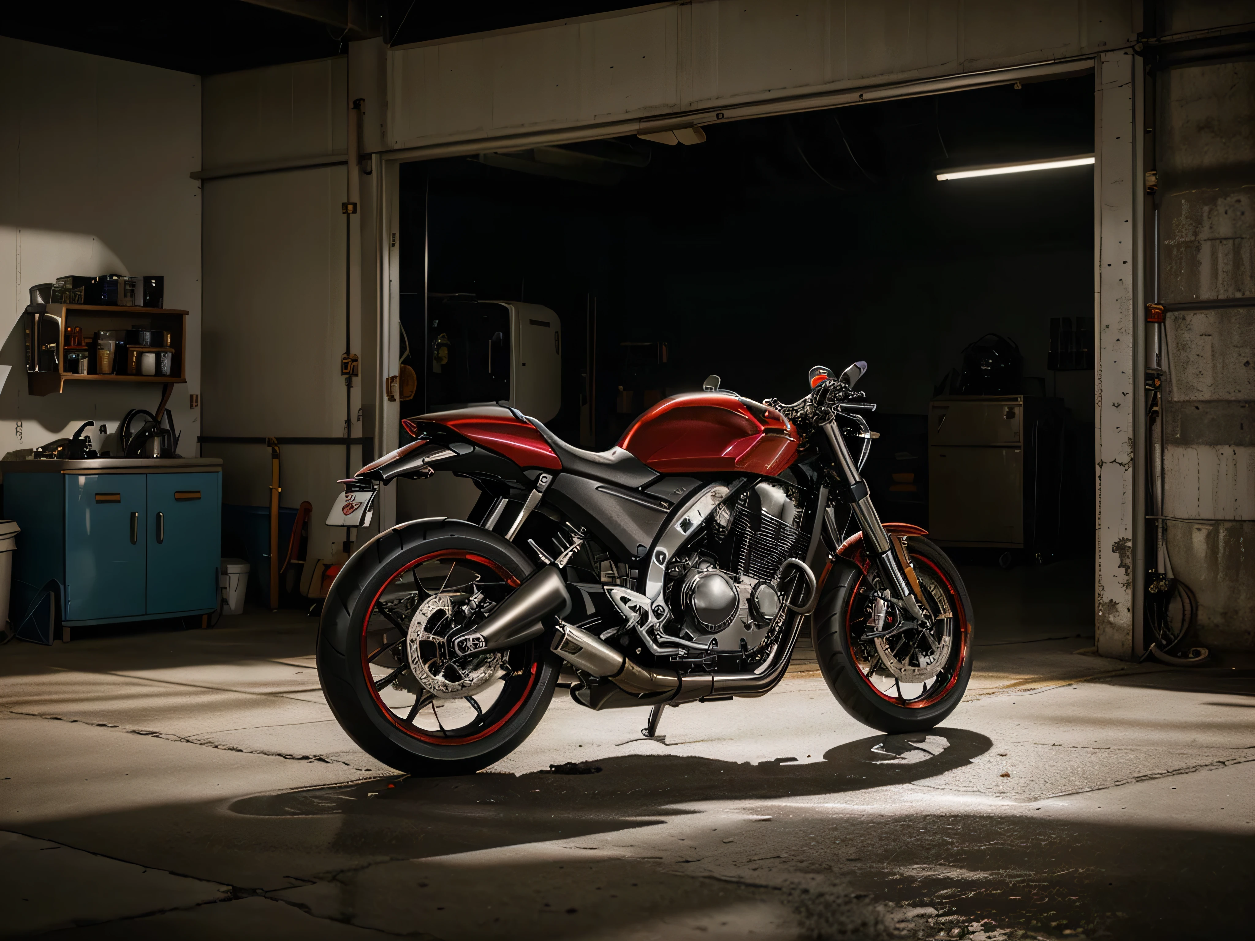 A sleek modern motorcycle, gleaming with chrome accents and vibrant red details, stands prominently in a dimly lit garage. The intricate design of the bike, highlighted by the play of light and shadows, evokes a powerful sense of speed and adrenaline. The image appears to be a high-definition photograph, capturing every curve and detail of the machine with stunning clarity. The motorcycle's polished frame reflects the surrounding environment, creating a sense of dynamic movement even when stationary. This captivating image seamlessly marries the essence of contemporary design with the spirit of freedom and adventure.