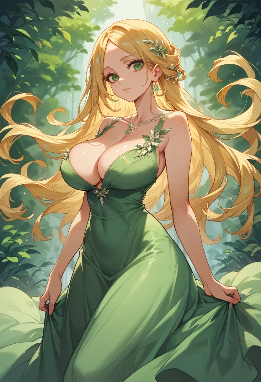 Woman, yellow hair,greeneyes, extremely beautiful,The highest image quality,amazing art,redgown, big cleavage, ssmile, large breasted, Glued dress