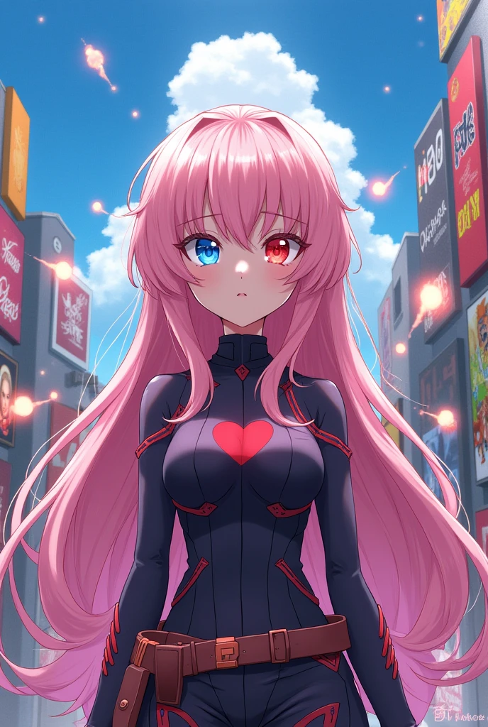 Boku no Hero style girl with long, light pink hair, blue left eye, and red right eye 