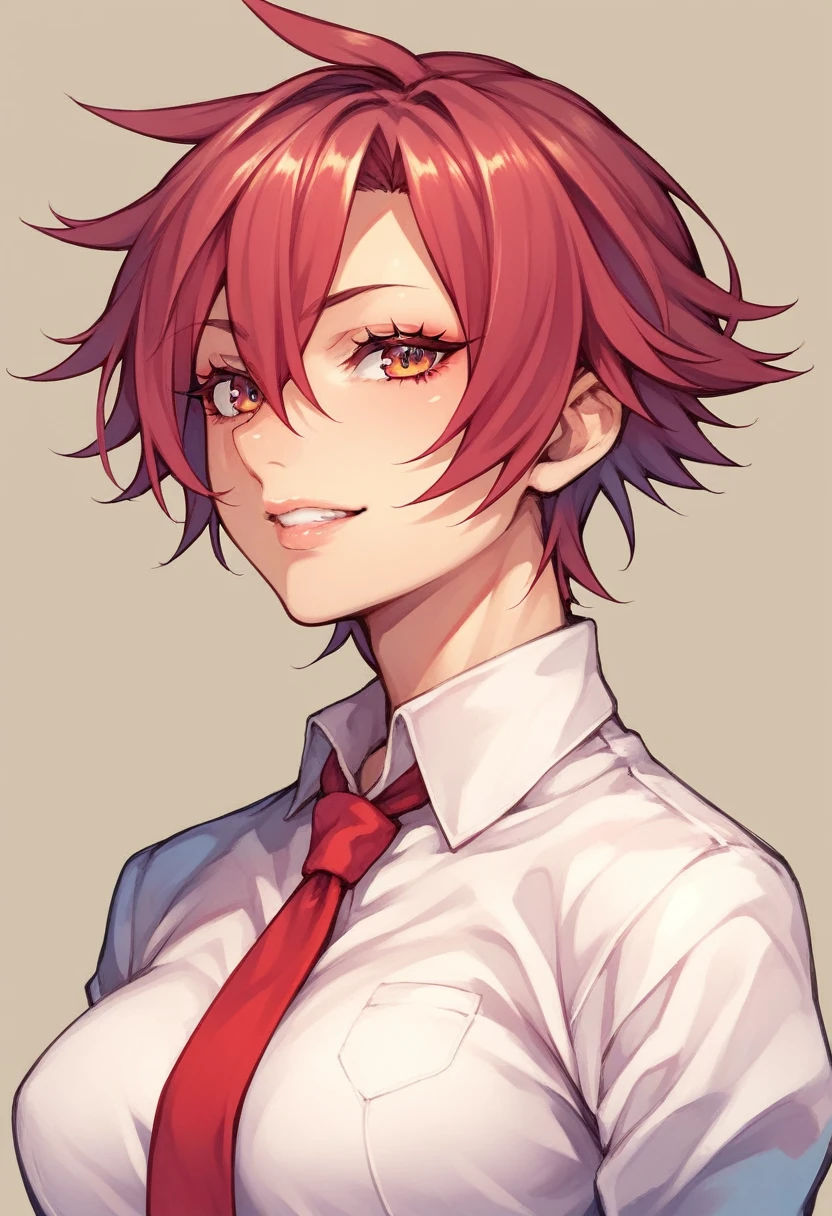 A drawing of a woman with short hair wearing a tie, Anime Sketch, Half Body Portrait, Rough pencil sketch, His cartoon portrait, Half Body Portrait, fubuki, face Anime Portrait, by Rei Kamoi, portrait of anime woman, Half-length portrait, Anime Portrait, androgynous face, Anime Character Portraits, Line art!!、Maroon hair、、Big Breasts、