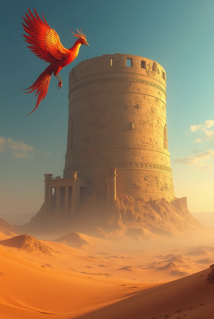 desert with a giant round tower and a phoenix flying around