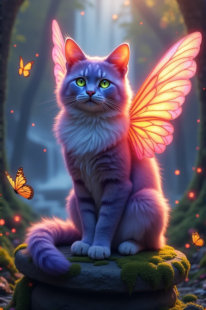 Imagine a cat as a mystical creature in a fantasy world, perhaps with wings or magical powers.