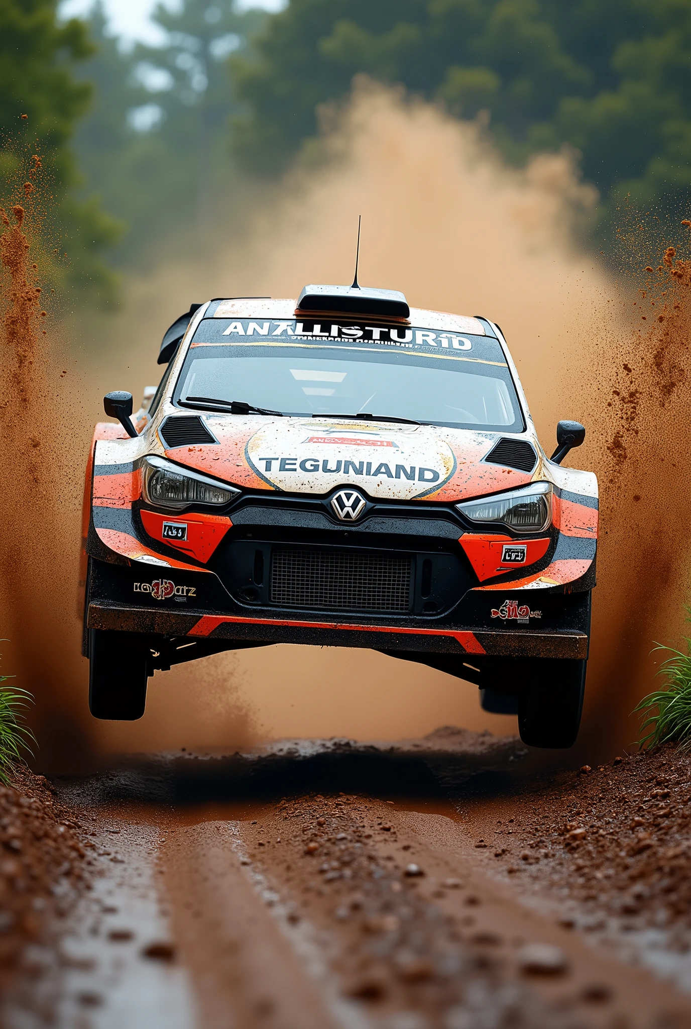 Capture an award-winning, ultra-realistic photograph of a rally car mid-jump on a dirt track during a rainstorm, viewed from a ground-hugging, extremely low angle with a dynamic Dutch tilt. The car is airborne, with its aggressive front grille and headlights dominating the frame as it leaps off the muddy track. Water droplets and muddy splashes fly in every direction, captured in exquisite detail as they arc through the air. The ground-hugging perspective emphasizes the car’s height and power, making the viewer feel as though they are right on the track, witnessing the action up close. The rain pours down, adding a dramatic, gritty atmosphere to the scene, with every drop and splash rendered in ultra-high definition. The Dutch angle intensifies the sense of motion and energy, highlighting the raw power and precision of the rally car as it soars over the track, leaving a trail of dirt and water in its wake. The overall composition should convey the thrill and intensity of rally racing, capturing the car in a moment of peak action against the rugged, rain-soaked backdrop.